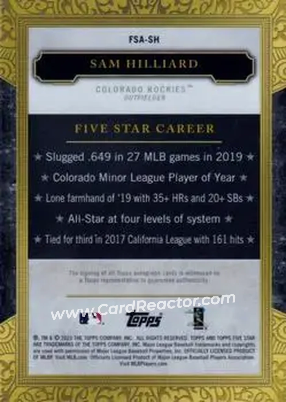 2020 Topps Five Star #FSA-SH - Sam Hilliard - Colorado Rockies - Back