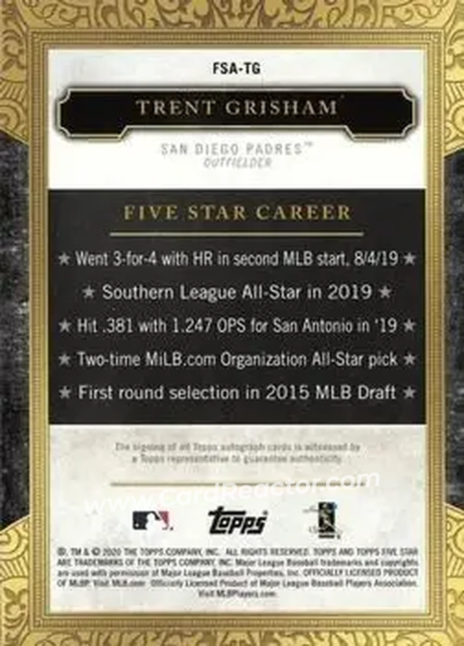 2020 Topps Five Star #FSA-TG - Trent Grisham - San Diego Padres - Back