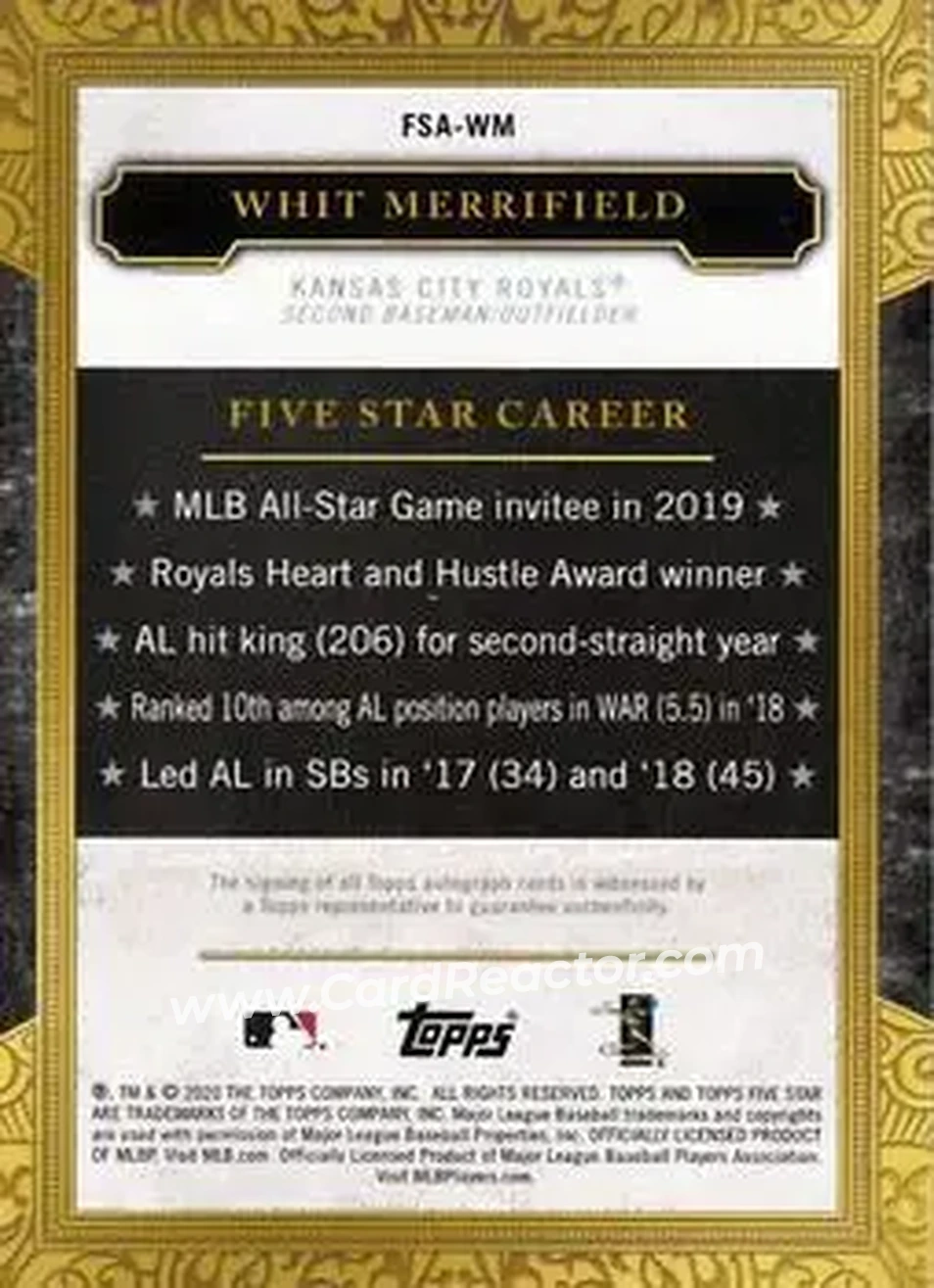 2020 Topps Five Star #FSA-WM - Whit Merrifield - Kansas City Royals - Back