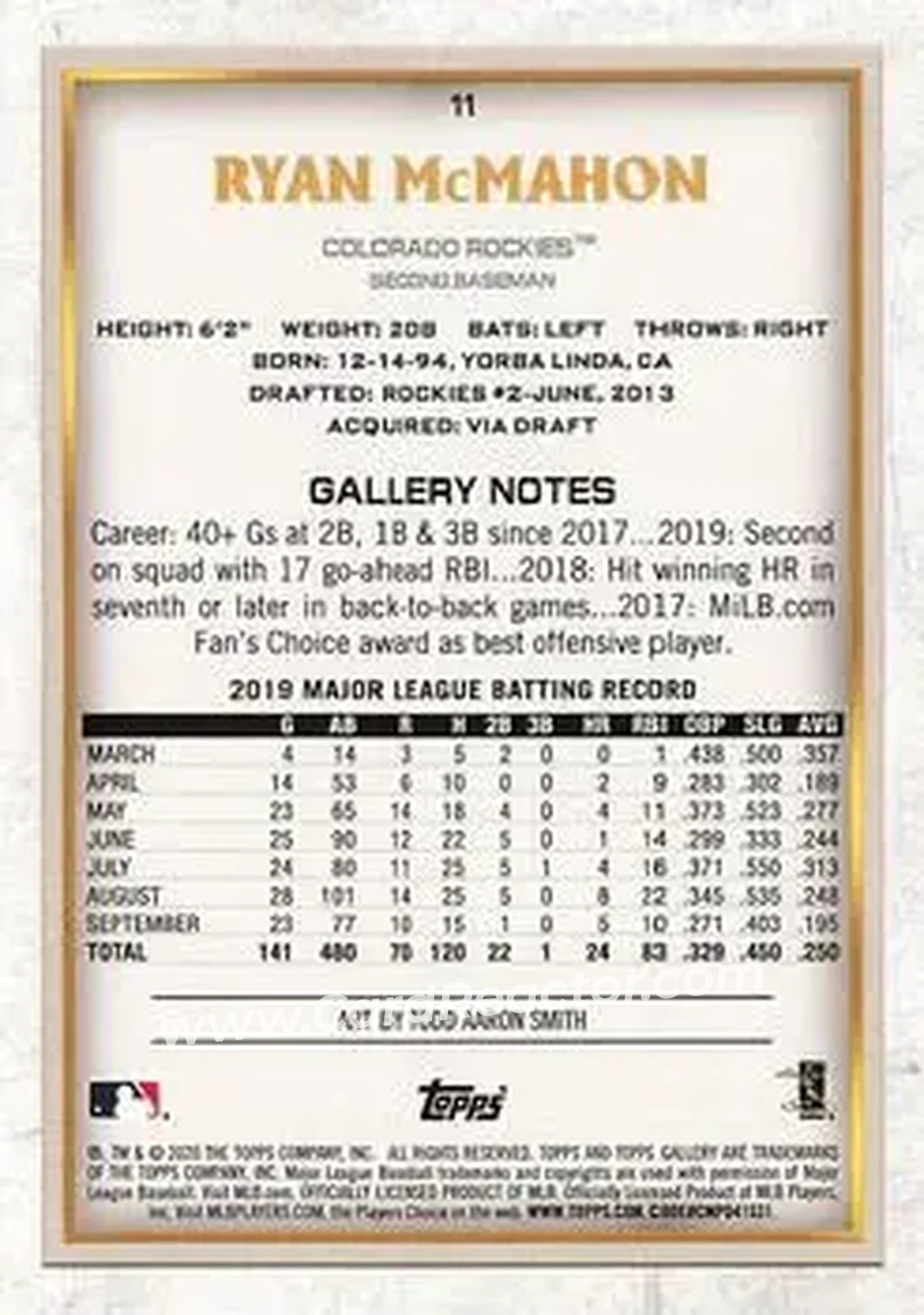 2020 Topps Gallery #11 - Ryan McMahon - Colorado Rockies - Back