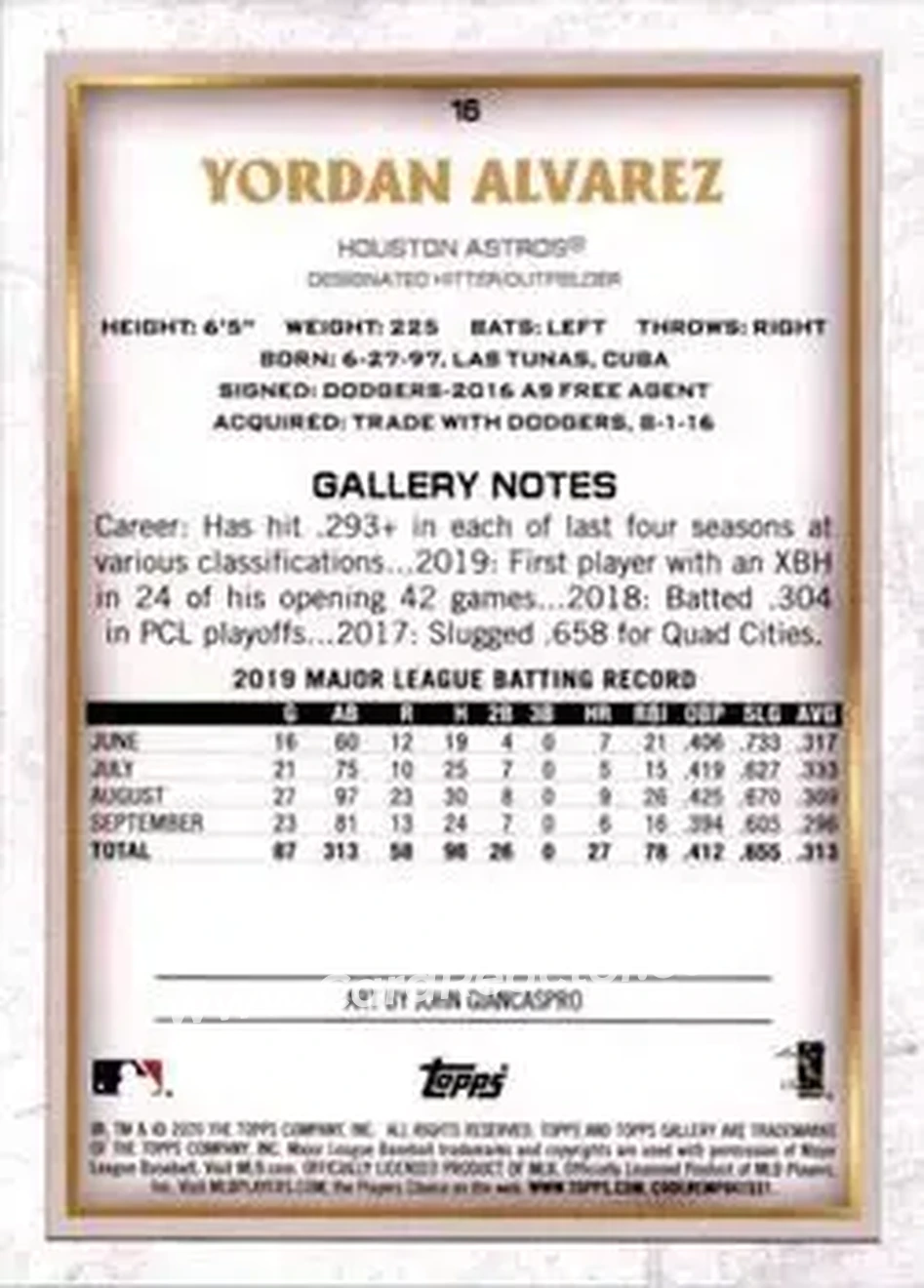 2020 Topps Gallery #16 - Yordan Alvarez - Houston Astros - Back
