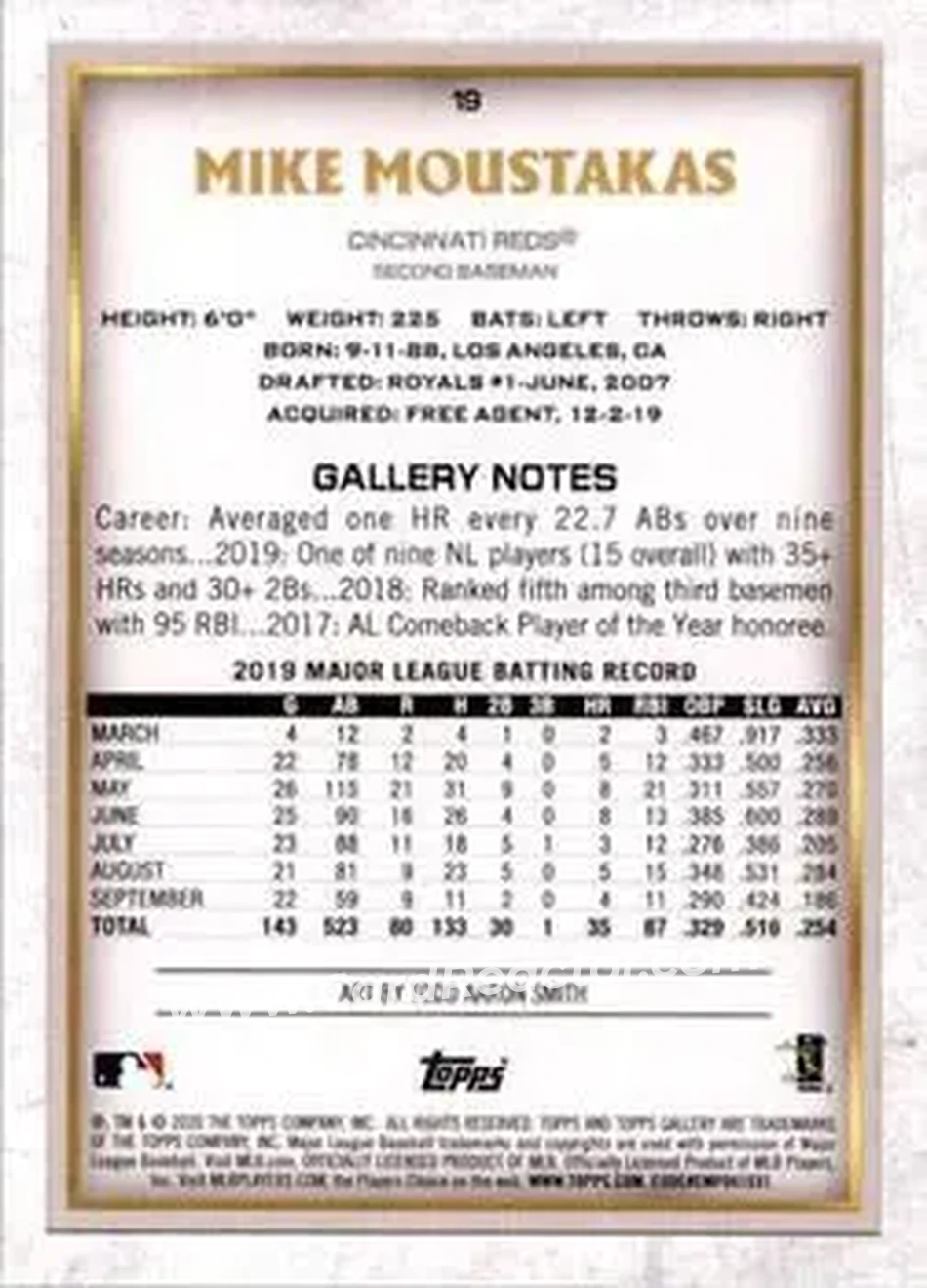 2020 Topps Gallery #19 - Mike Moustakas - Cincinnati Reds - Back