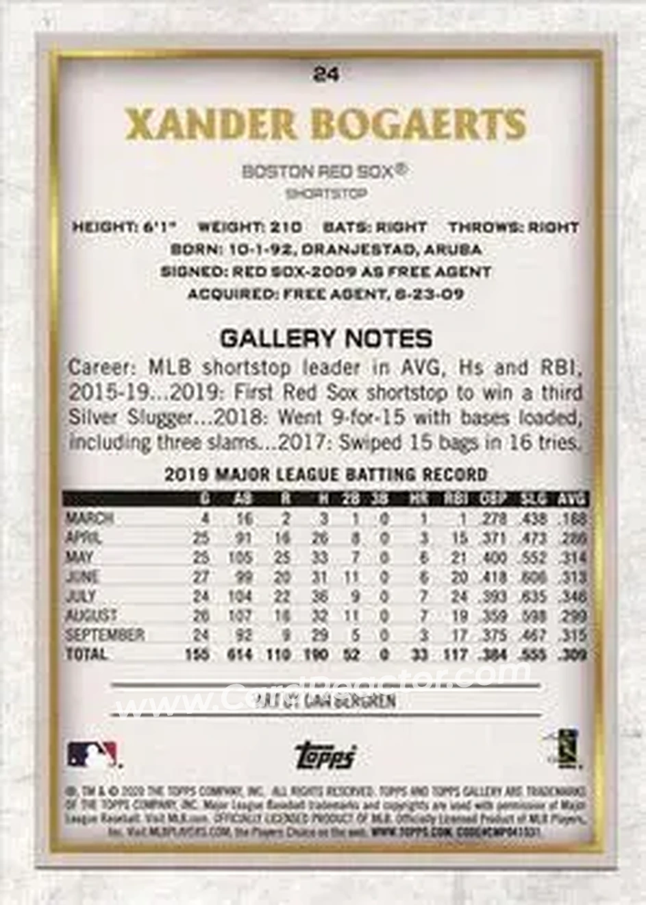 2020 Topps Gallery #24 - Xander Bogaerts - Boston Red Sox - Back