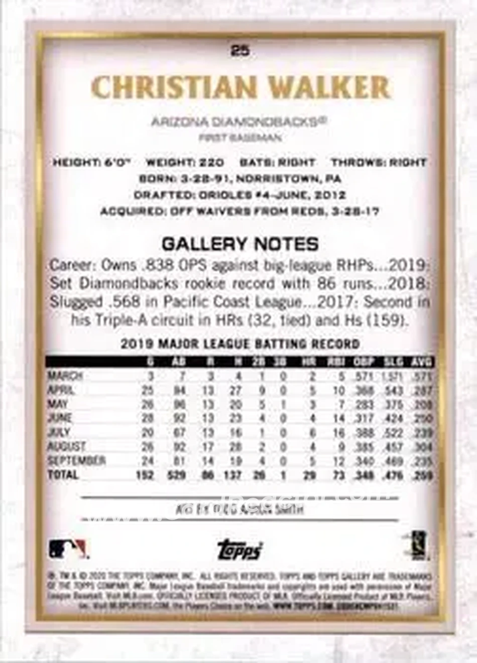 2020 Topps Gallery #25 - Christian Walker - Arizona Diamondbacks - Back