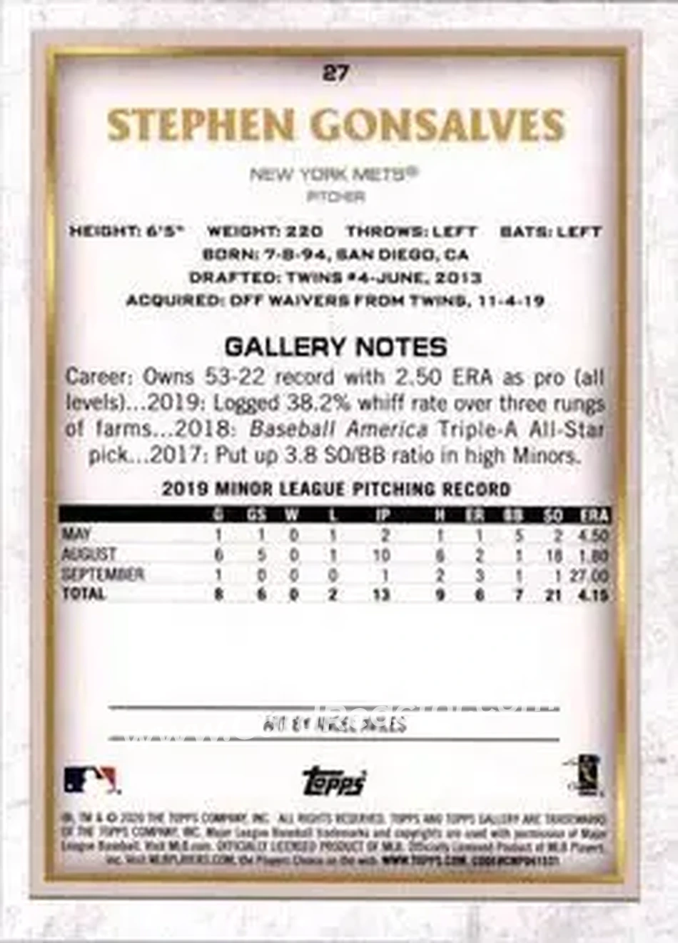 2020 Topps Gallery #27 - Stephen Gonsalves - New York Mets - Back