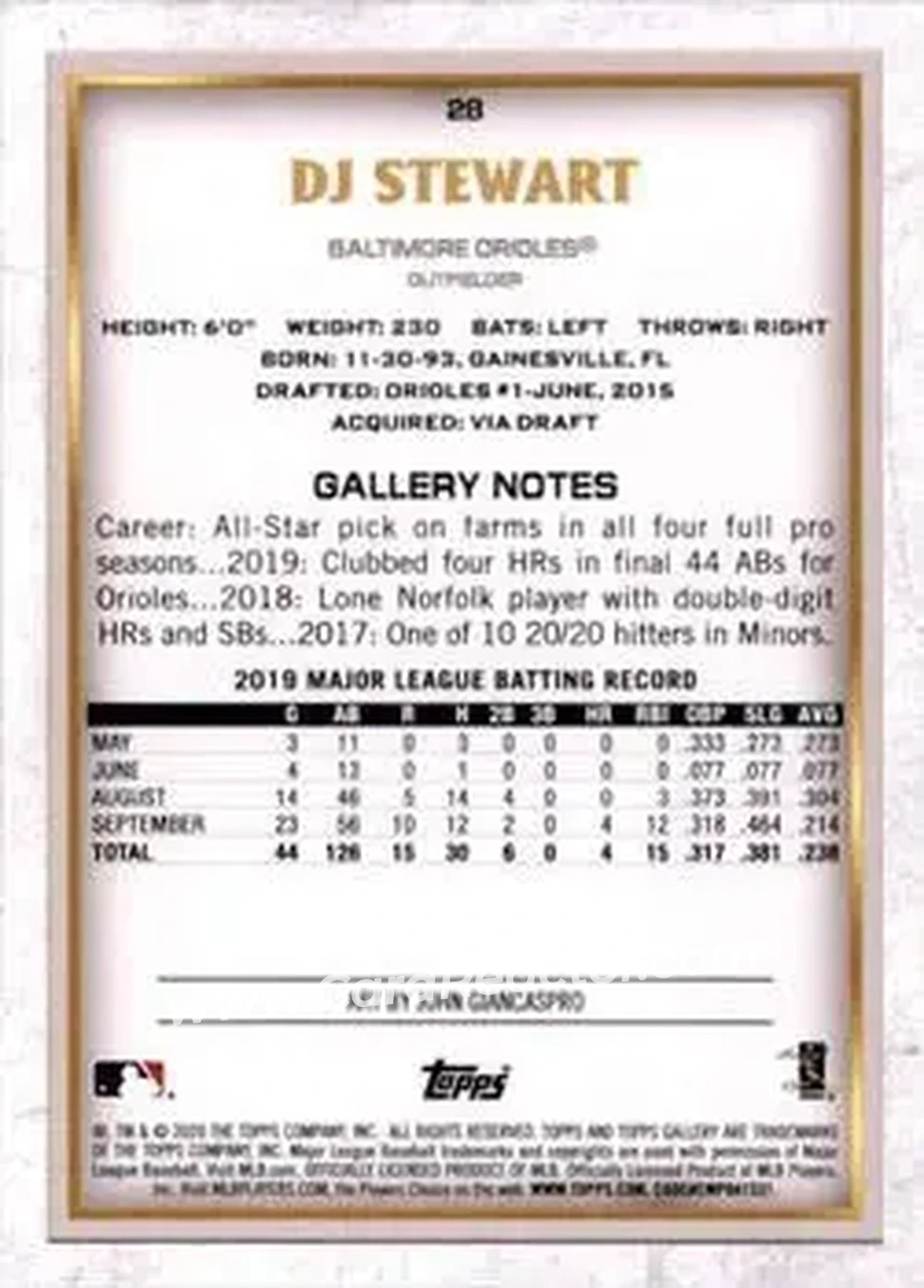 2020 Topps Gallery #28 - DJ Stewart - Baltimore Orioles - Back