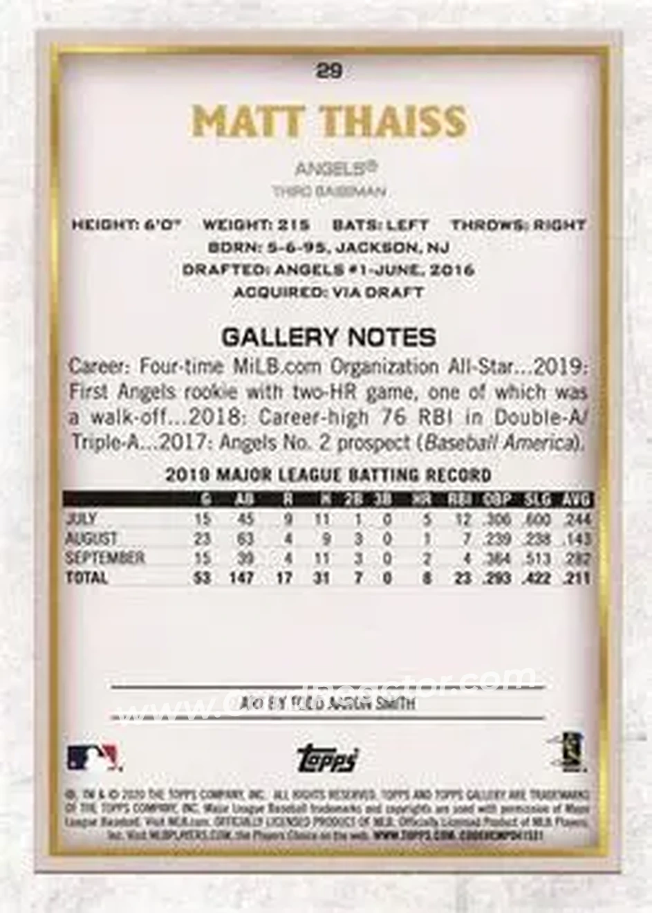 2020 Topps Gallery #29 - Matt Thaiss - Los Angeles Angels - Back