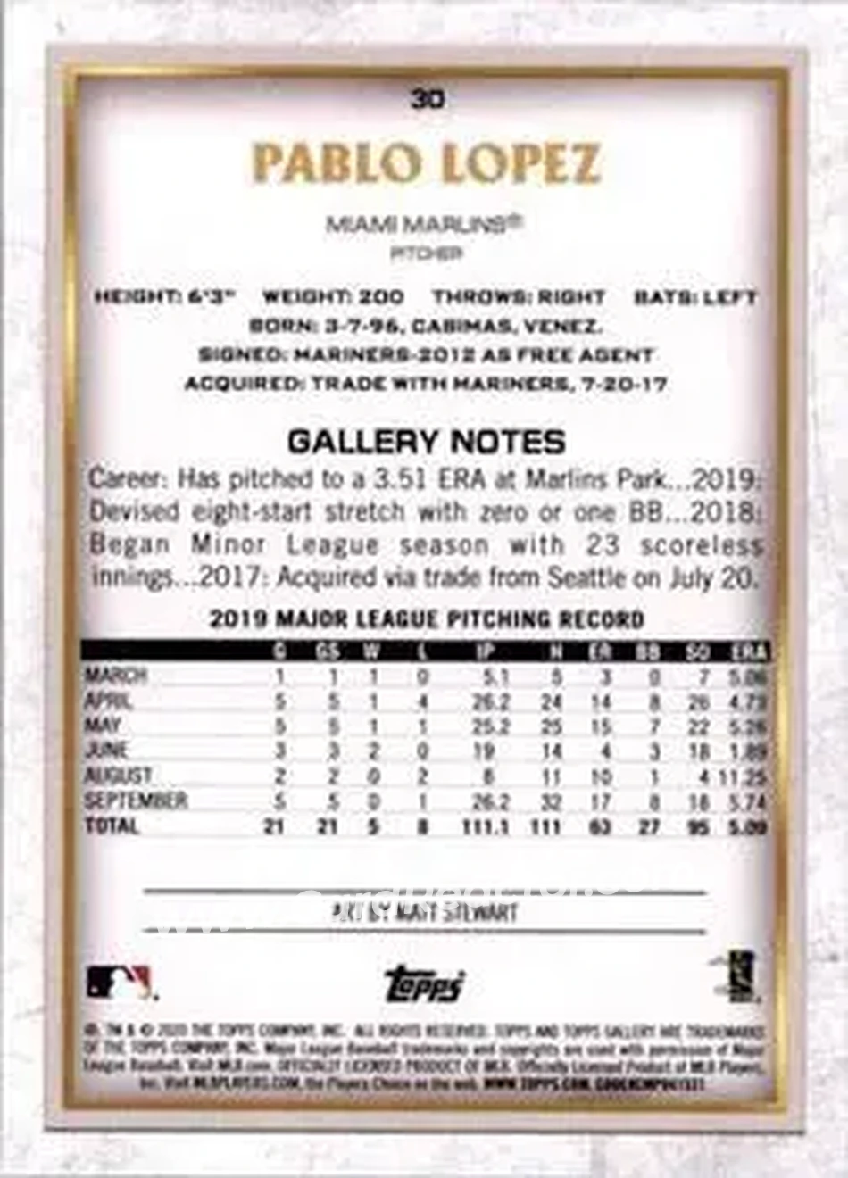 2020 Topps Gallery #30 - Pablo López - Miami Marlins - Back