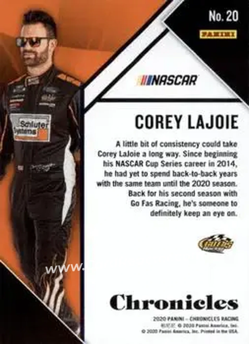 2020 Panini Chronicles #20 - Corey LaJoie - Go Fas Racing - Back