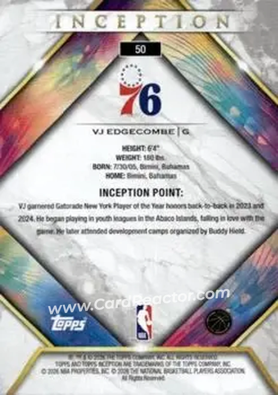 2025-26 Topps Inception #50 - VJ Edgecombe - Philadelphia 76ers - Back 2025-26 Topps Inception #50 - VJ Edgecombe - Philadelphia 76ers - Back