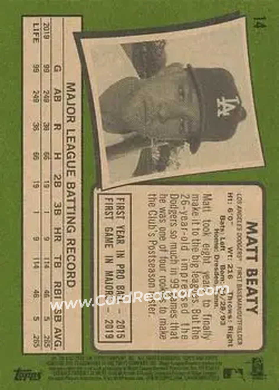 2020 Topps Heritage #14 - Matt Beaty - Los Angeles Dodgers - Back
