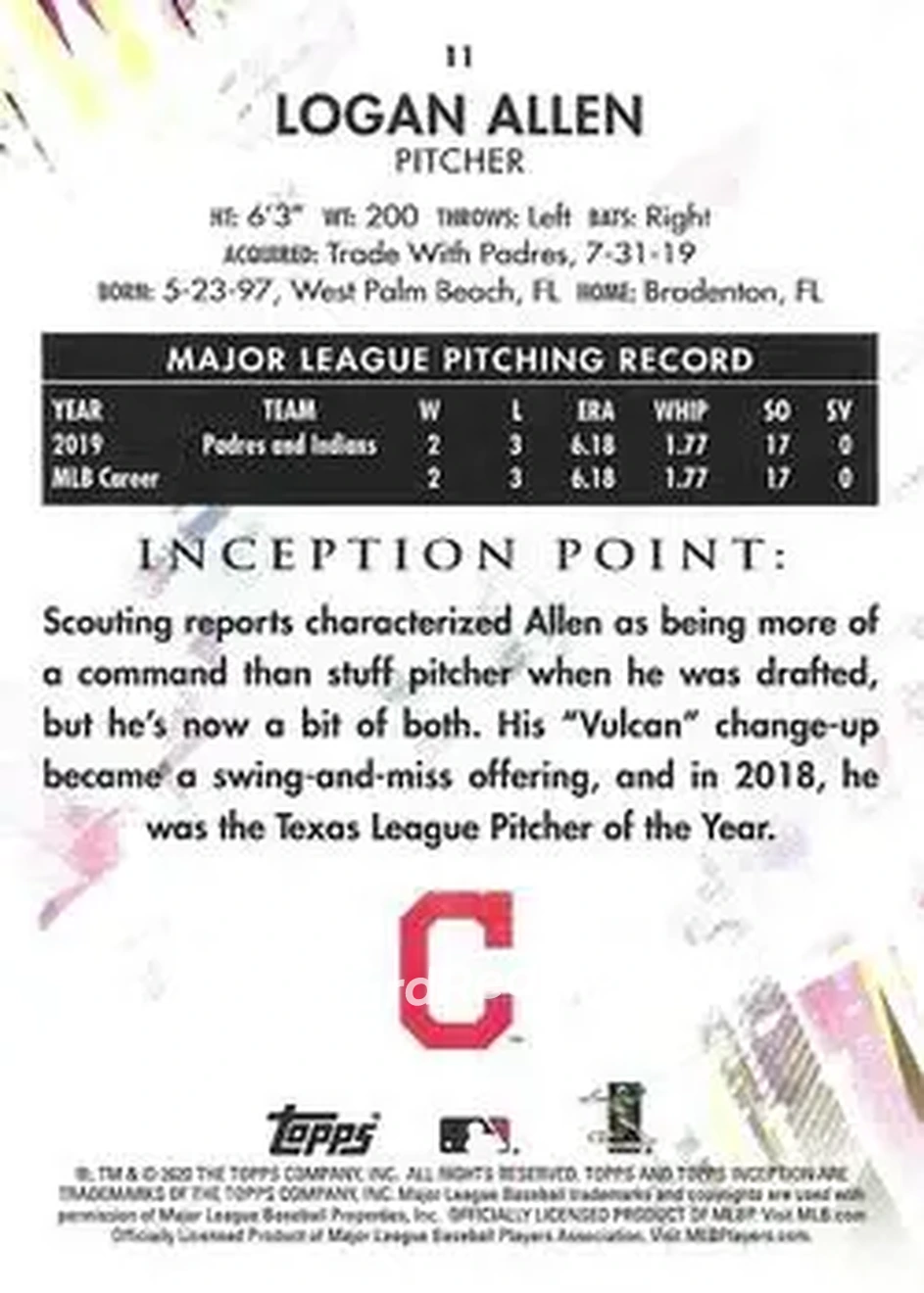 2020 Topps Inception #11 - Logan Allen - Cleveland Indians - Back