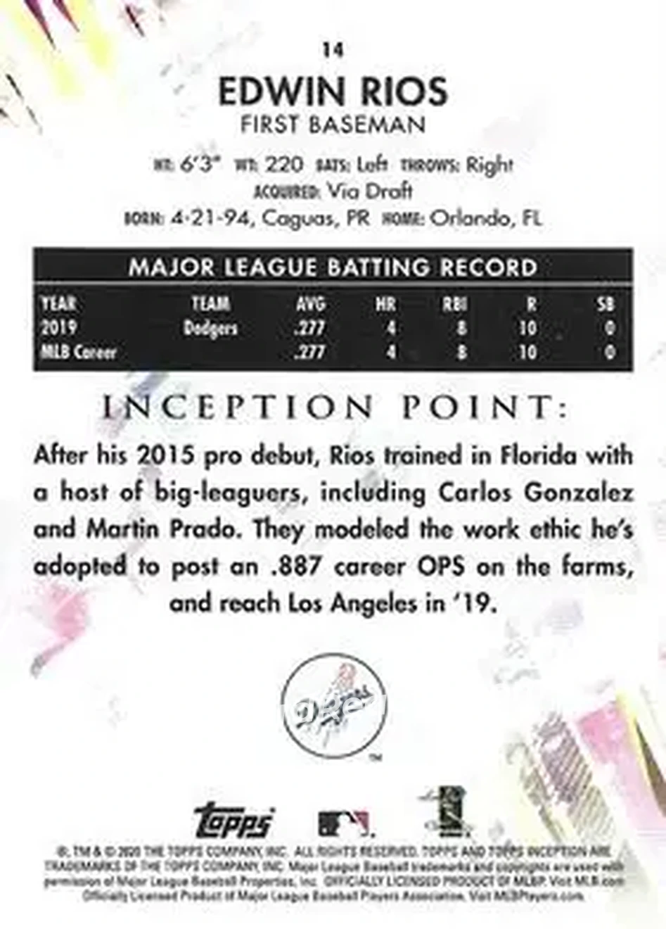 2020 Topps Inception #14 - Edwin Rios - Los Angeles Dodgers - Back 2020 Topps Inception #14 - Edwin Rios - Los Angeles Dodgers - Back