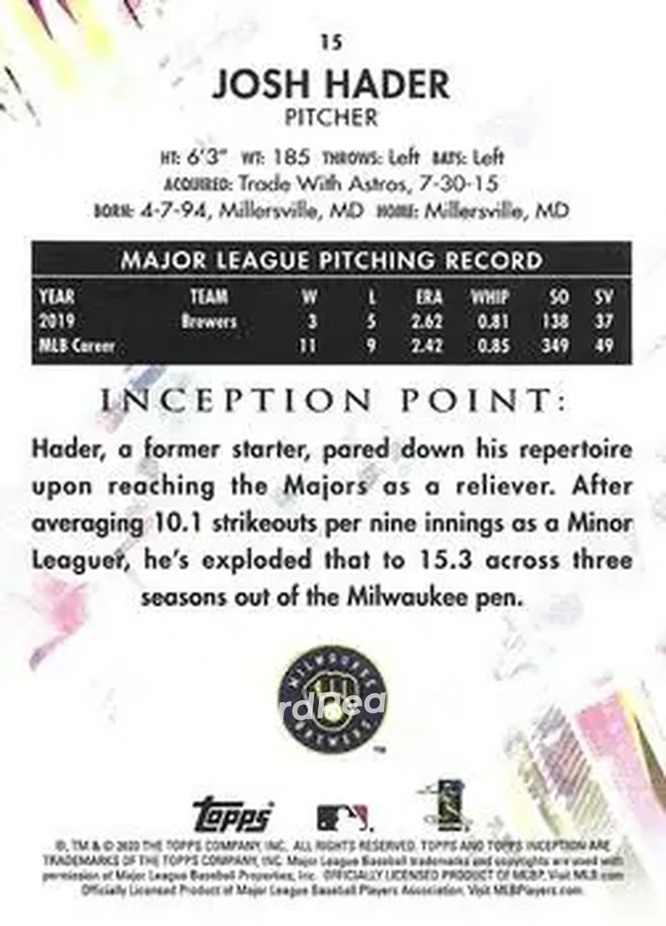 2020 Topps Inception #15 - Josh Hader - Milwaukee Brewers - Back 2020 Topps Inception #15 - Josh Hader - Milwaukee Brewers - Back