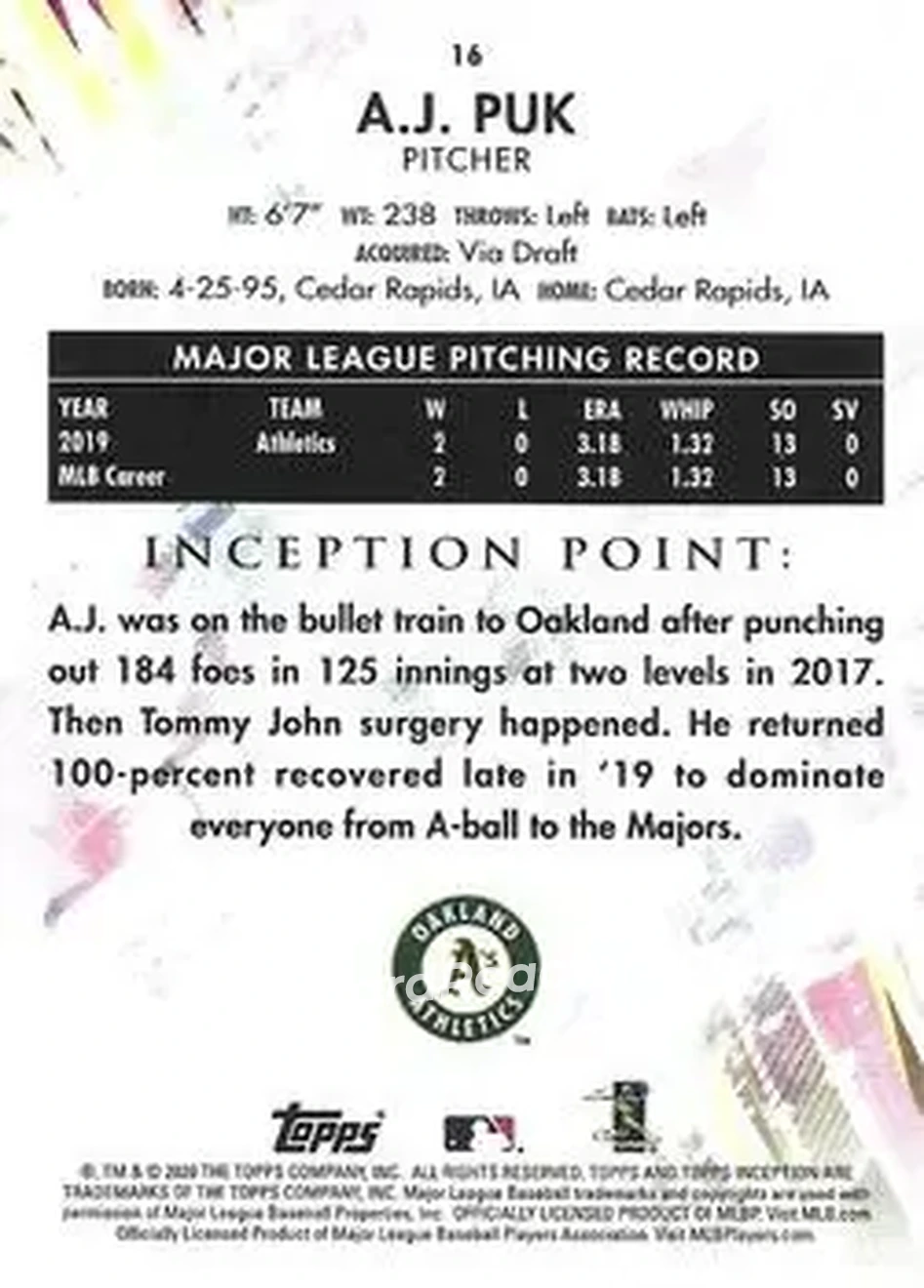 2020 Topps Inception #16 - A.J. Puk - Oakland Athletics - Back