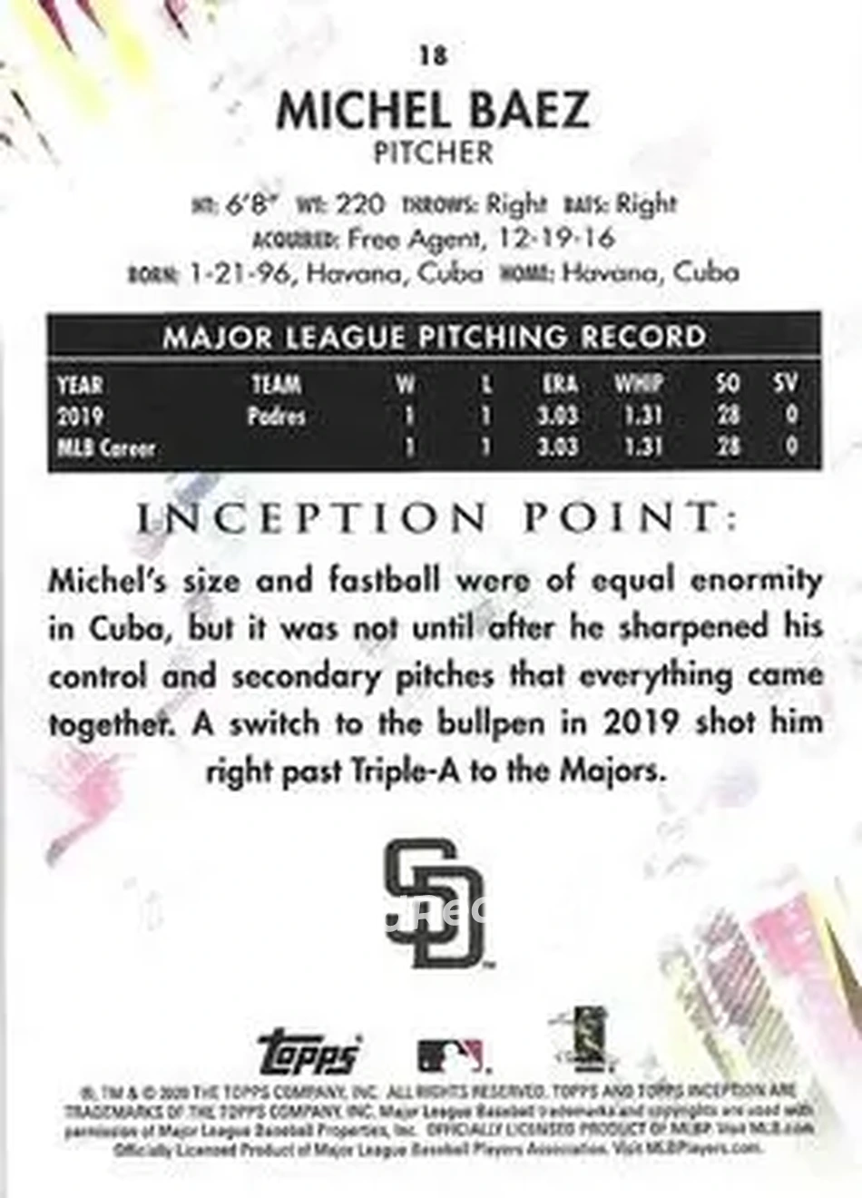 2020 Topps Inception #18 - Michel Baez - San Diego Padres - Back