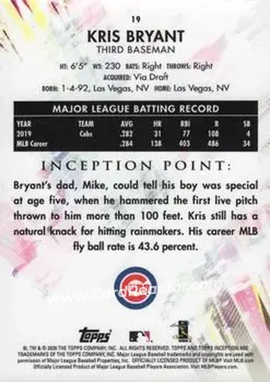 2020 Topps Inception #19 - Kris Bryant - Chicago Cubs - Back