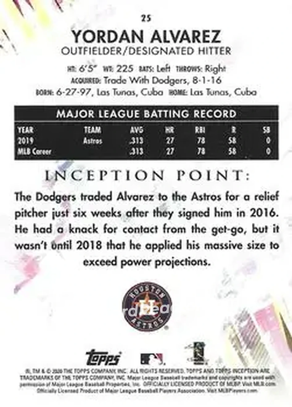 2020 Topps Inception #25 - Yordan Alvarez - Houston Astros - Back