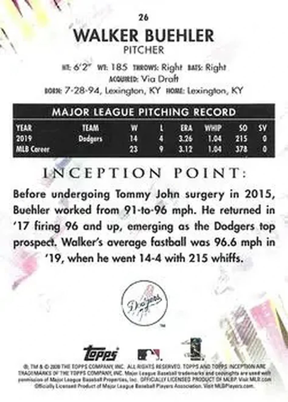 2020 Topps Inception #26 - Walker Buehler - Los Angeles Dodgers - Back 2020 Topps Inception #26 - Walker Buehler - Los Angeles Dodgers - Back