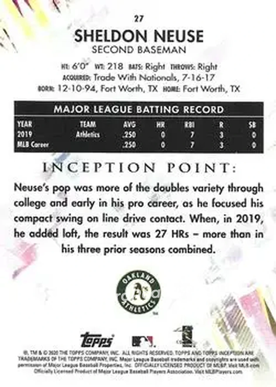 2020 Topps Inception #27 - Sheldon Neuse - Oakland Athletics - Back 2020 Topps Inception #27 - Sheldon Neuse - Oakland Athletics - Back