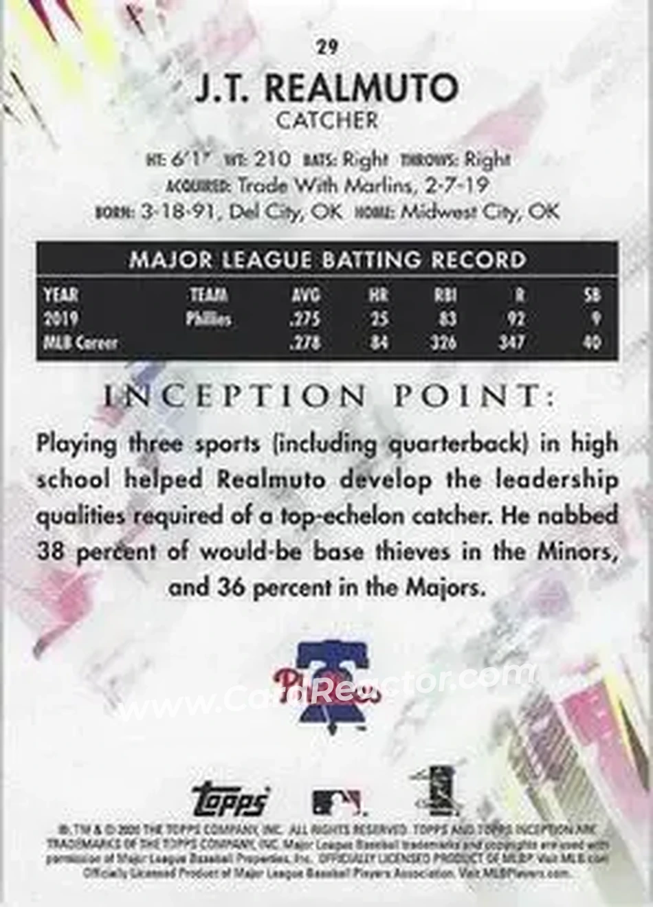 2020 Topps Inception #29 - J.T. Realmuto - Philadelphia Phillies - Back
