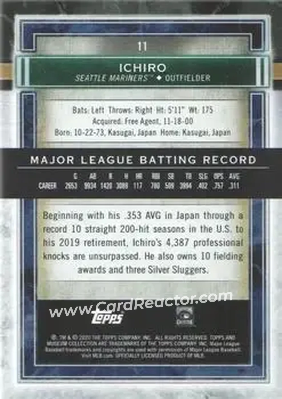2020 Topps Museum Collection #11 - Ichiro - Seattle Mariners - Back