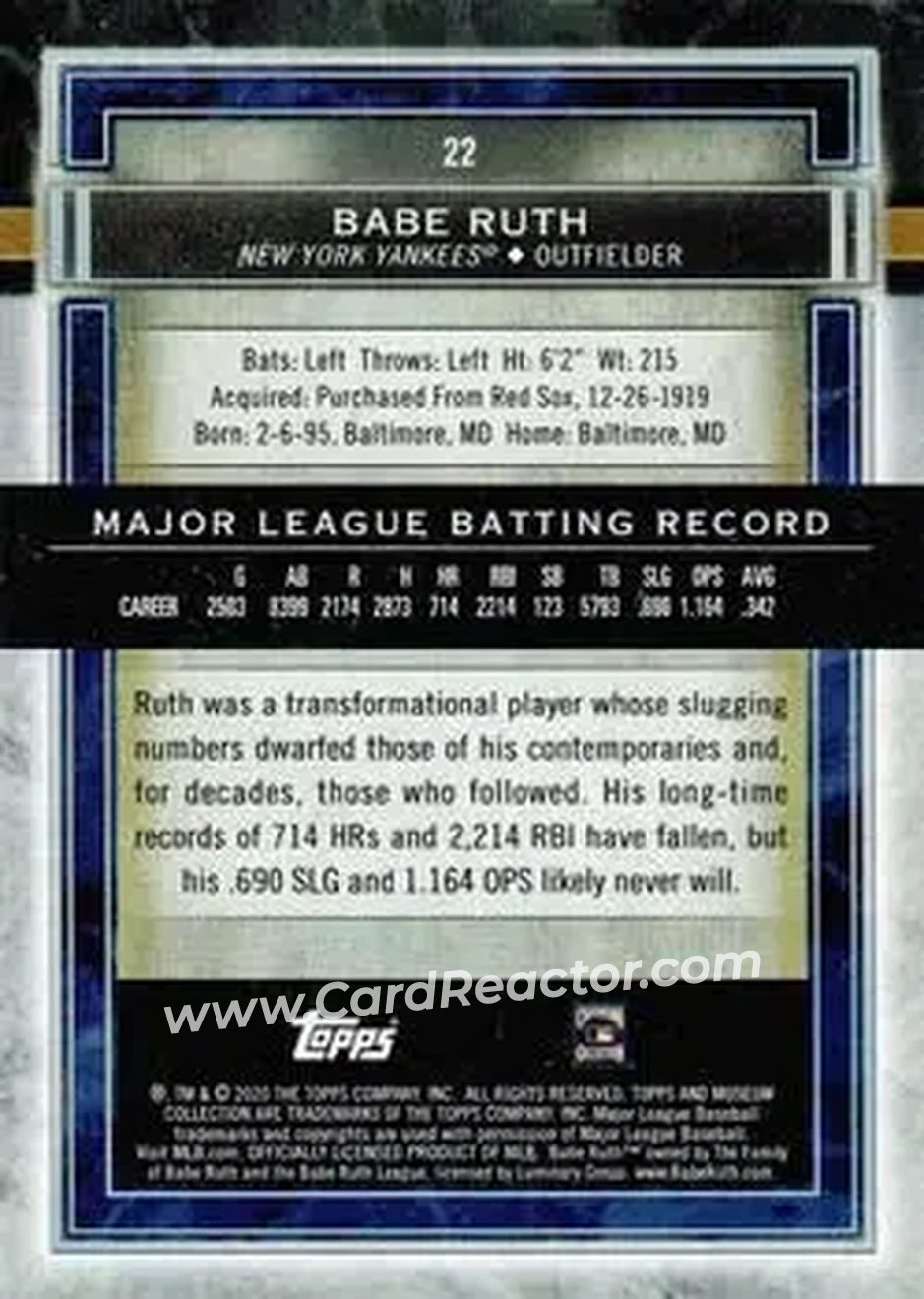 2020 Topps Museum Collection #22 - Babe Ruth - New York Yankees - Back 2020 Topps Museum Collection #22 - Babe Ruth - New York Yankees - Back