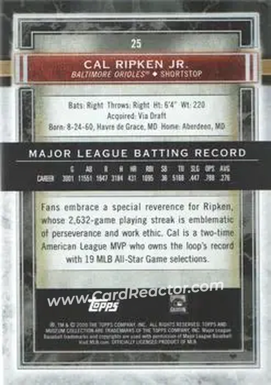 2020 Topps Museum Collection #25 - Cal Ripken - Baltimore Orioles - Back