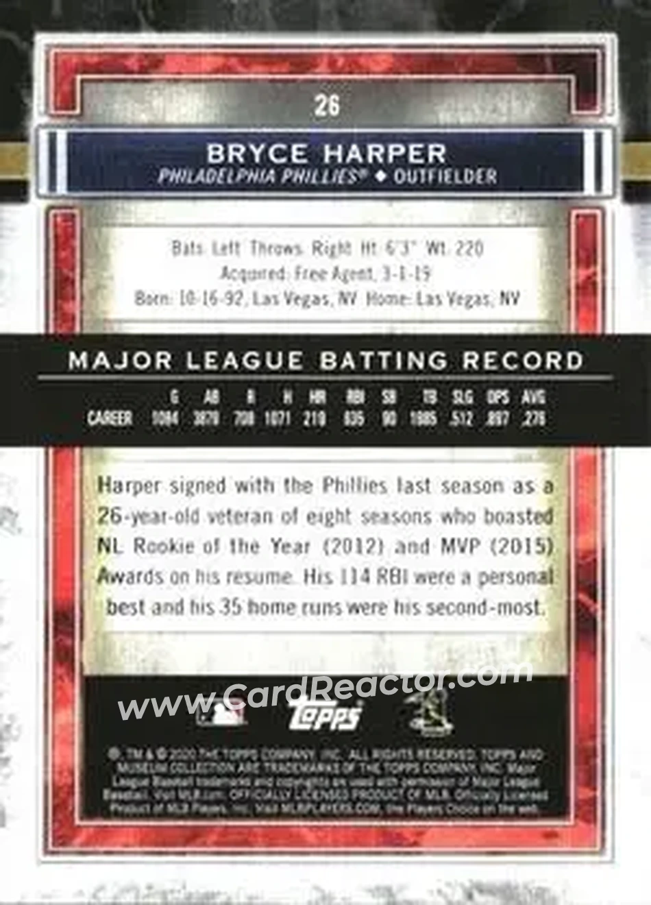 2020 Topps Museum Collection #26 - Bryce Harper - Philadelphia Phillies - Back