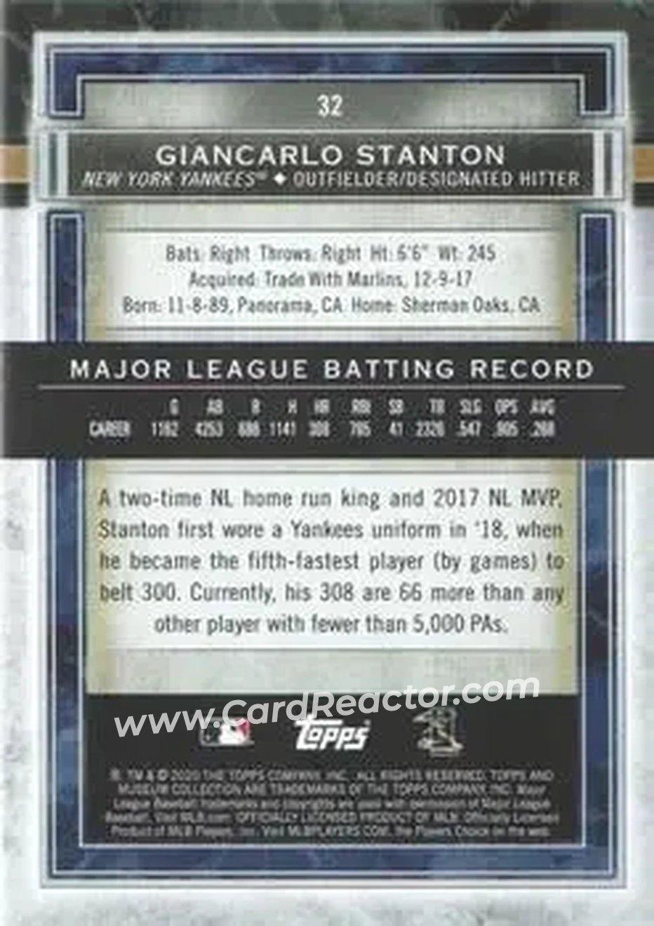 2020 Topps Museum Collection #32 - Giancarlo Stanton - New York Yankees - Back