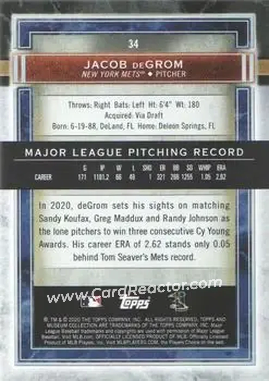 2020 Topps Museum Collection #34 - Jacob deGrom - New York Mets - Back 2020 Topps Museum Collection #34 - Jacob deGrom - New York Mets - Back
