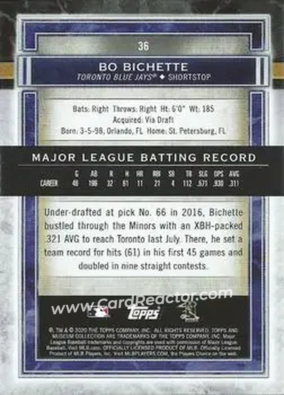 2020 Topps Museum Collection #36 - Bo Bichette - Toronto Blue Jays - Back 2020 Topps Museum Collection #36 - Bo Bichette - Toronto Blue Jays - Back