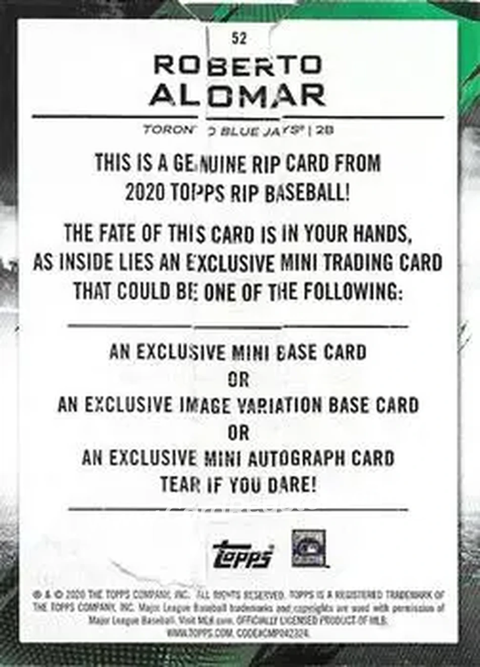 2020 Topps Rip #52 - Roberto Alomar - Toronto Blue Jays - Back