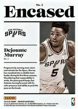 2019-20 Panini Encased #3 - Dejounte Murray - San Antonio Spurs - Back 2019-20 Panini Encased #3 - Dejounte Murray - San Antonio Spurs - Back