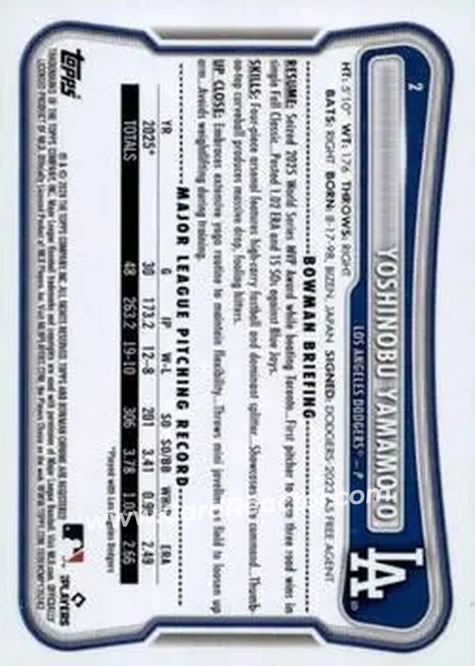 2026 Bowman - Neon Green #2 - Yoshinobu Yamamoto - Los Angeles Dodgers - Back 2026 Bowman - Neon Green #2 - Yoshinobu Yamamoto - Los Angeles Dodgers - Back