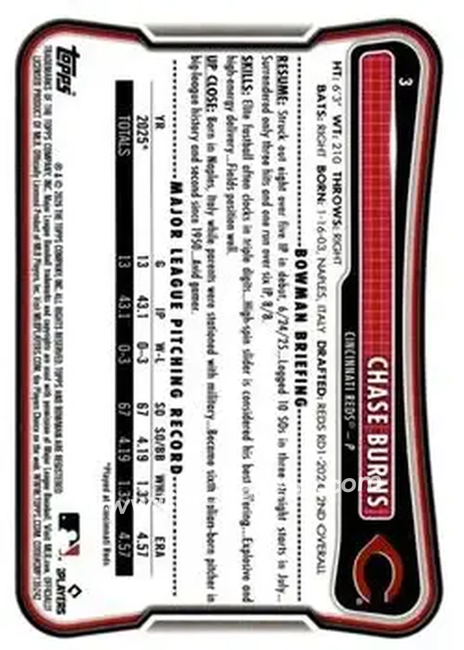 2026 Bowman - Neon Green #3 - Chase Burns - Cincinnati Reds - Back