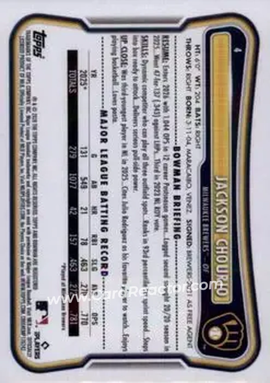 2026 Bowman - Neon Green #4 - Jackson Chourio - Milwaukee Brewers - Back