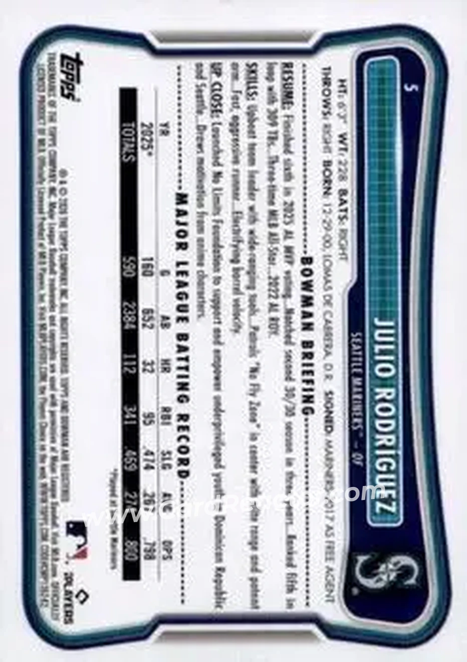 2026 Bowman - Neon Green #5 - Julio Rodríguez - Seattle Mariners - Back 2026 Bowman - Neon Green #5 - Julio Rodríguez - Seattle Mariners - Back