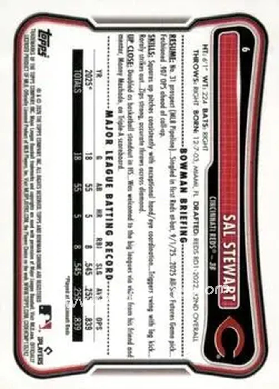 2026 Bowman - Neon Green #6 - Sal Stewart - Cincinnati Reds - Back 2026 Bowman - Neon Green #6 - Sal Stewart - Cincinnati Reds - Back