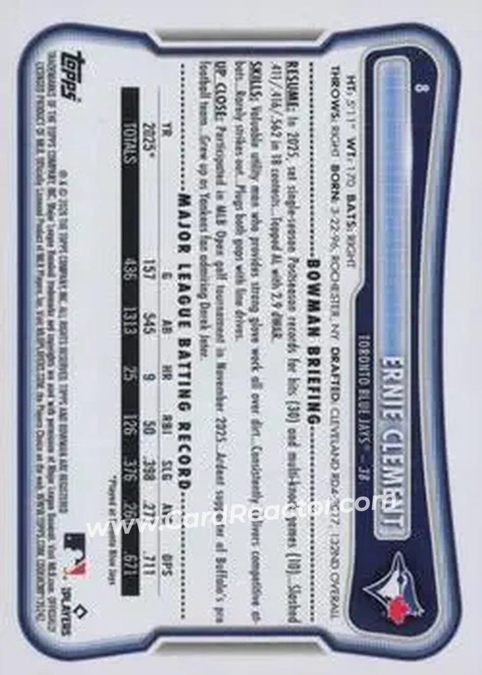 2026 Bowman - Neon Green #8 - Ernie Clement - Toronto Blue Jays - Back