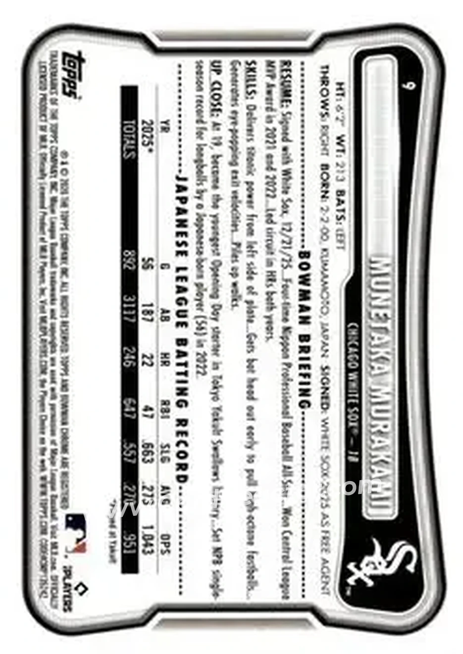 2026 Bowman - Neon Green #9 - Munetaka Murakami - Chicago White Sox - Back