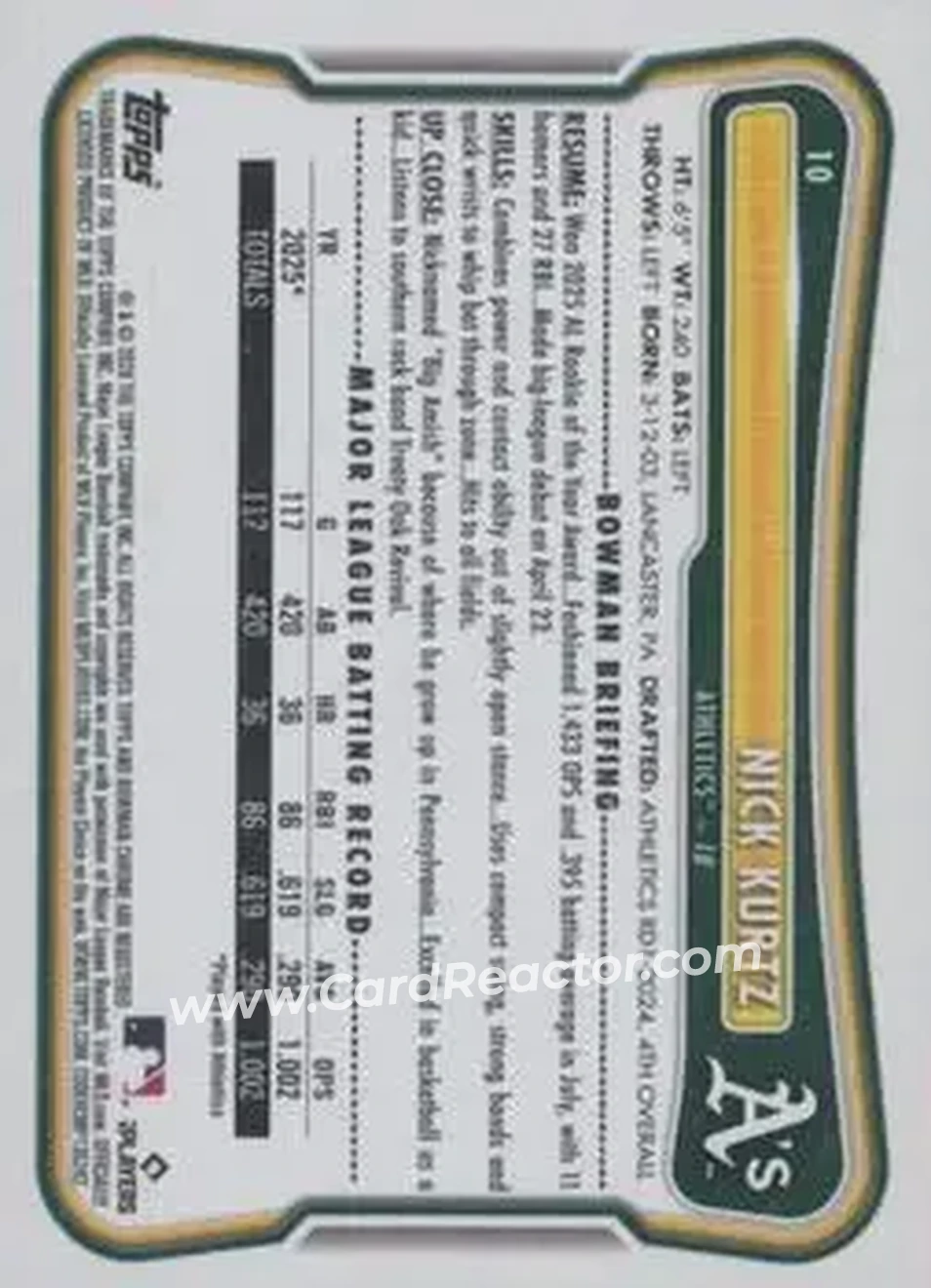 2026 Bowman - Neon Green #10 - Nick Kurtz - Athletics - Back
