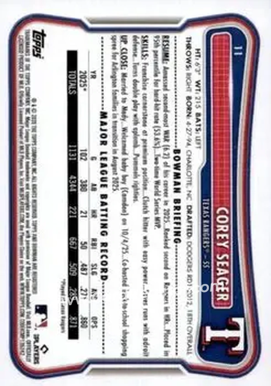 2026 Bowman - Neon Green #11 - Corey Seager - Texas Rangers - Back 2026 Bowman - Neon Green #11 - Corey Seager - Texas Rangers - Back