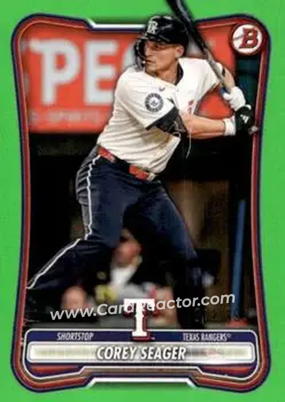 2026 Bowman - Neon Green #11 - Corey Seager - Texas Rangers - Front 2026 Bowman - Neon Green #11 - Corey Seager - Texas Rangers - Front