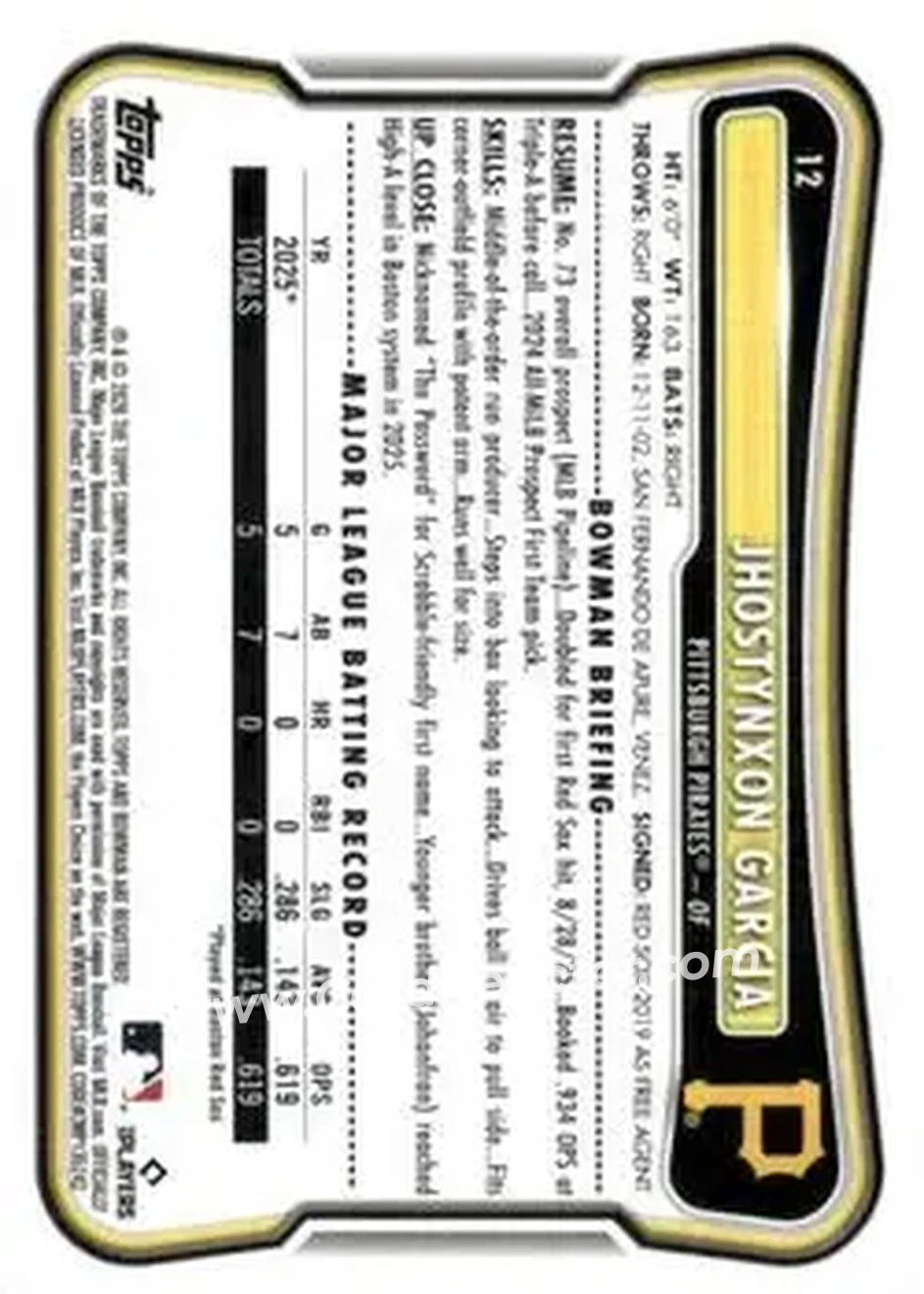 2026 Bowman - Neon Green #12 - Jhostynxon Garcia - Pittsburgh Pirates - Back 2026 Bowman - Neon Green #12 - Jhostynxon Garcia - Pittsburgh Pirates - Back