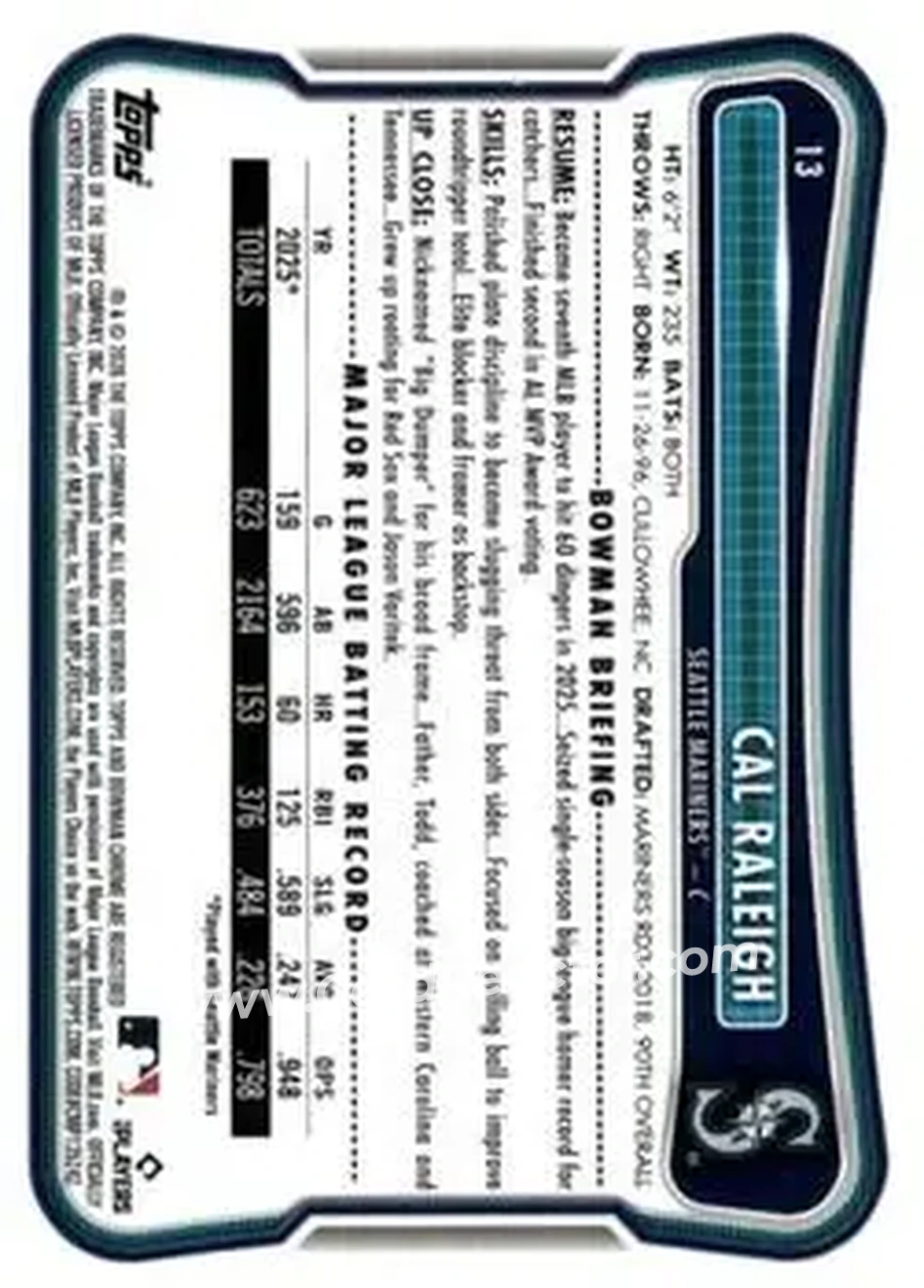 2026 Bowman - Neon Green #13 - Cal Raleigh - Seattle Mariners - Back 2026 Bowman - Neon Green #13 - Cal Raleigh - Seattle Mariners - Back