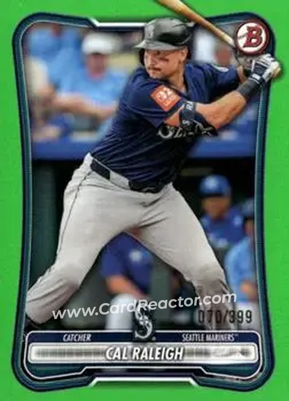 2026 Bowman - Neon Green #13 - Cal Raleigh - Seattle Mariners - Front 2026 Bowman - Neon Green #13 - Cal Raleigh - Seattle Mariners - Front