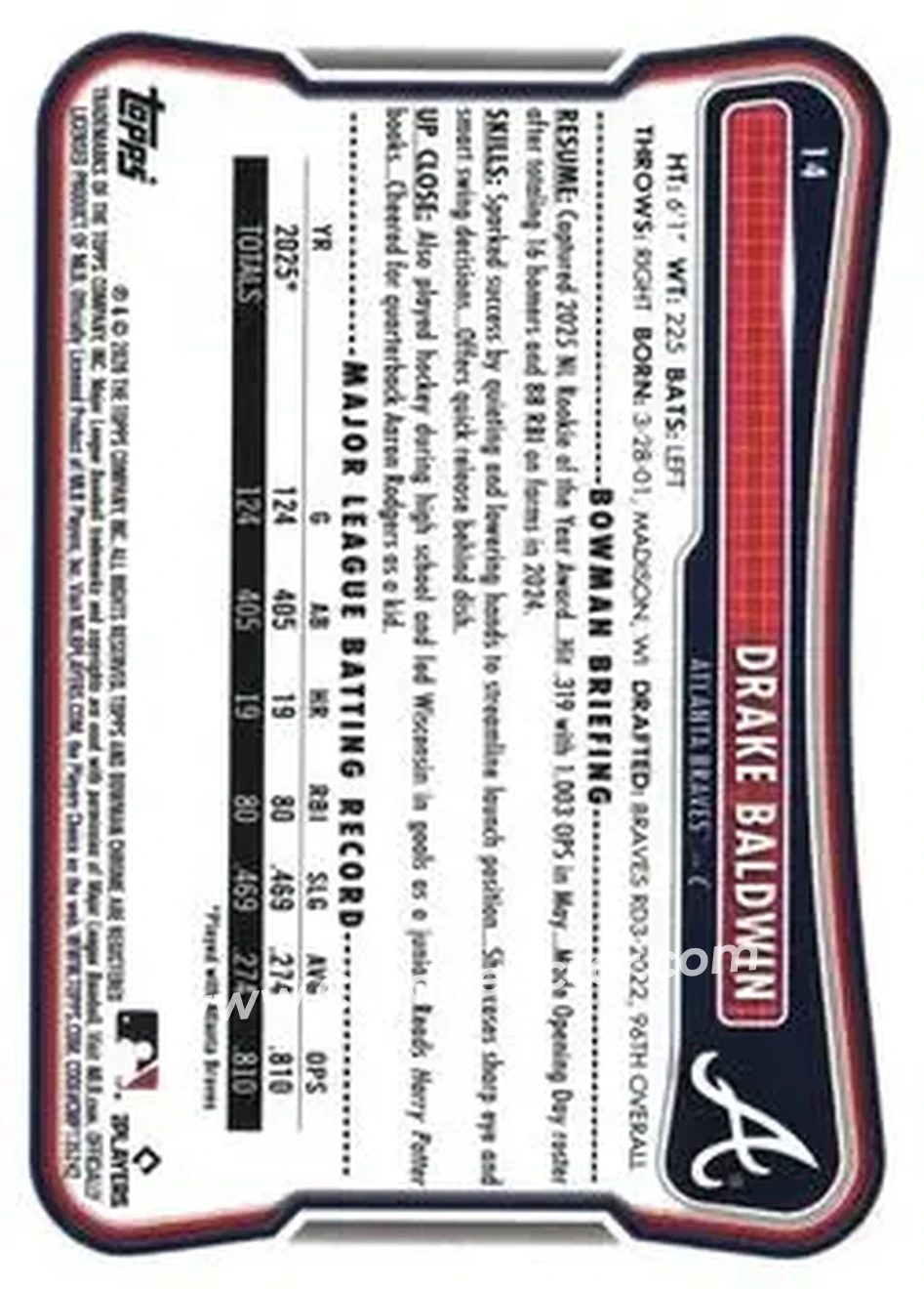 2026 Bowman - Neon Green #14 - Drake Baldwin - Atlanta Braves - Back