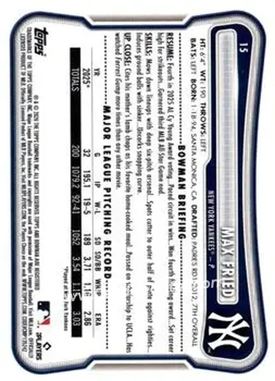 2026 Bowman - Neon Green #15 - Max Fried - New York Yankees - Back