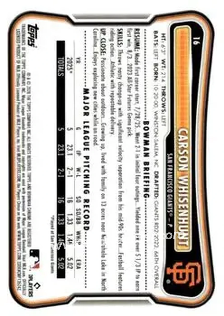 2026 Bowman - Neon Green #16 - Carson Whisenhunt - San Francisco Giants - Back 2026 Bowman - Neon Green #16 - Carson Whisenhunt - San Francisco Giants - Back